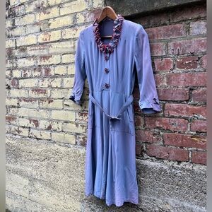 Antique Art Deco 1940s Periwinkle Purple Ruffle Midi Crepe Dress S Vintage